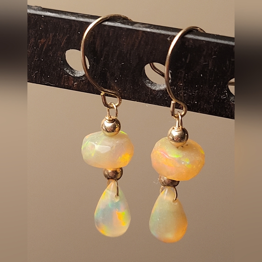 14K Solid Gold Natural Welo Fire Opal Drop Earrings